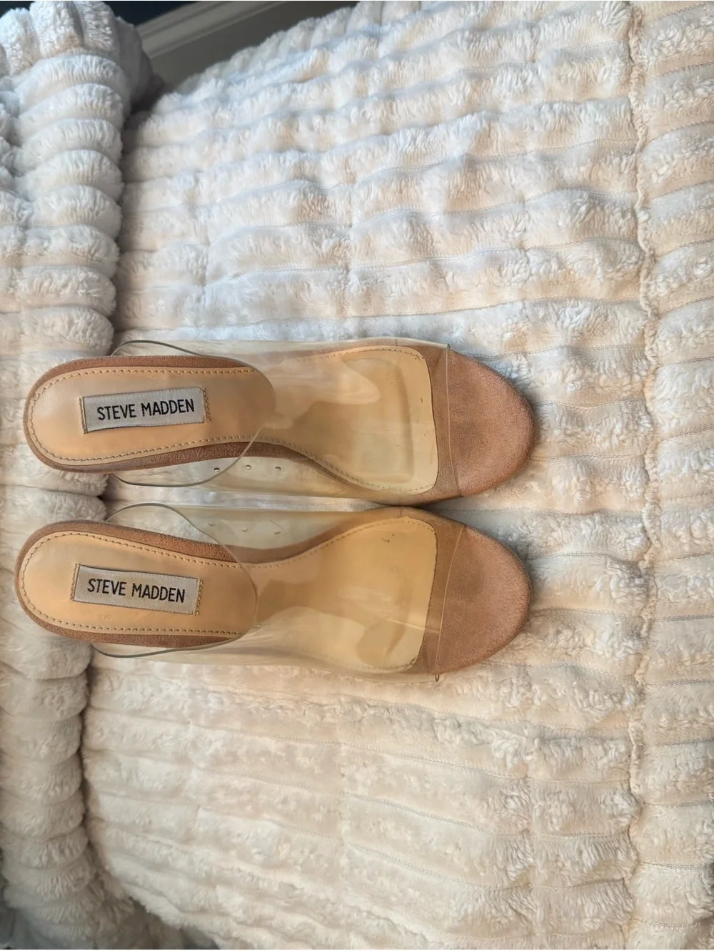 Steve Madden Clear Strap Tan Suede Wedge Mules